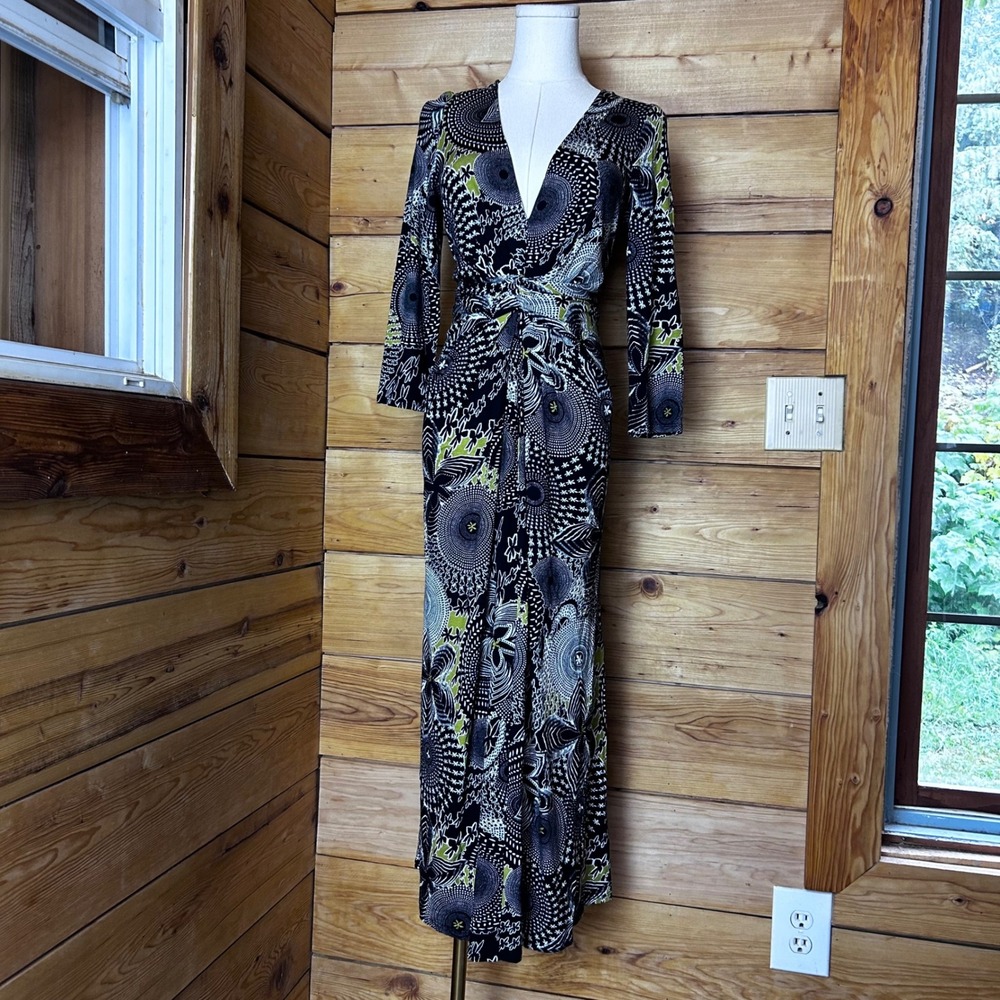 Maxi Dress Womens Size 8 Black Green Geometric Mandala Wrap Jersey Gown Planet